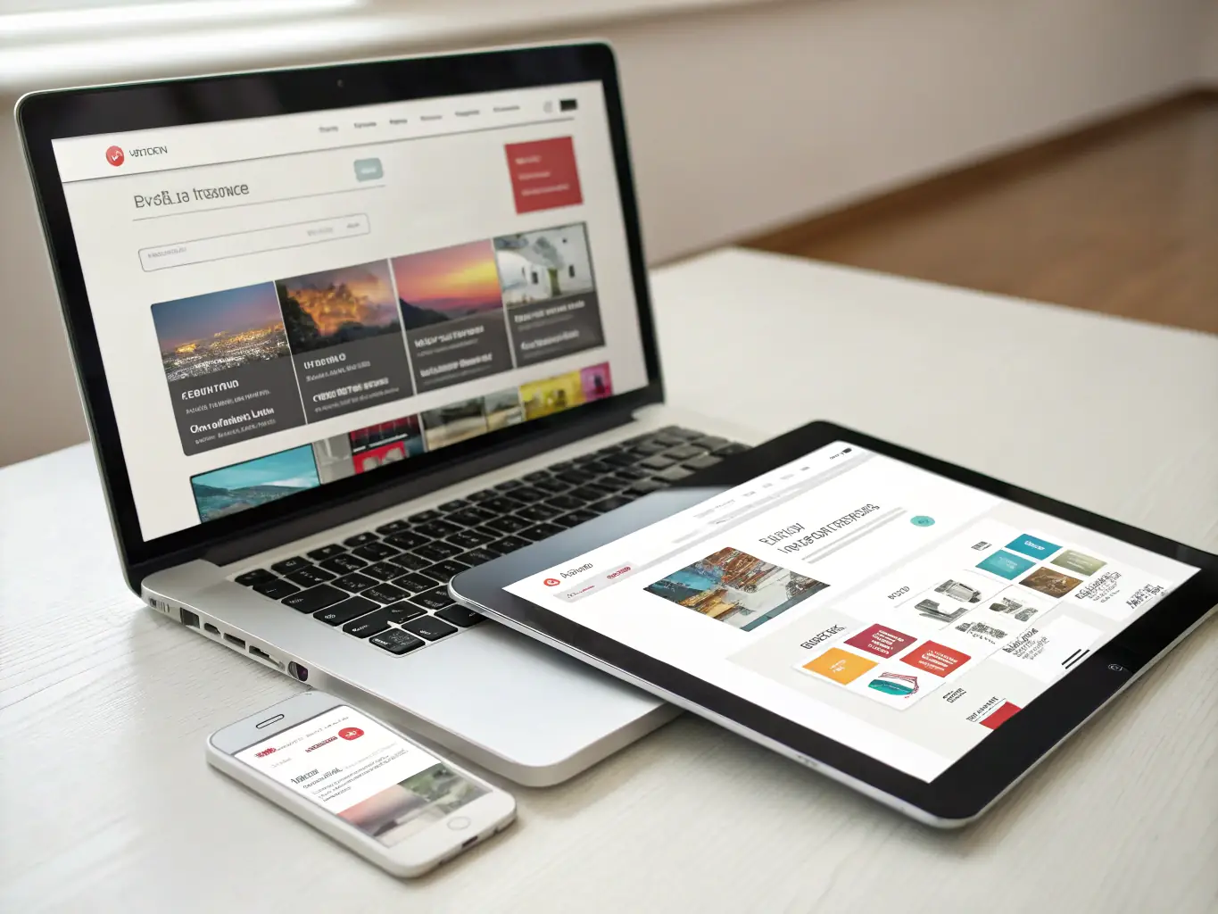 A clean, modern website design showcasing responsive layouts on various devices, emphasizing user experience and visual appeal, suitable for a digital agency's service offerings.