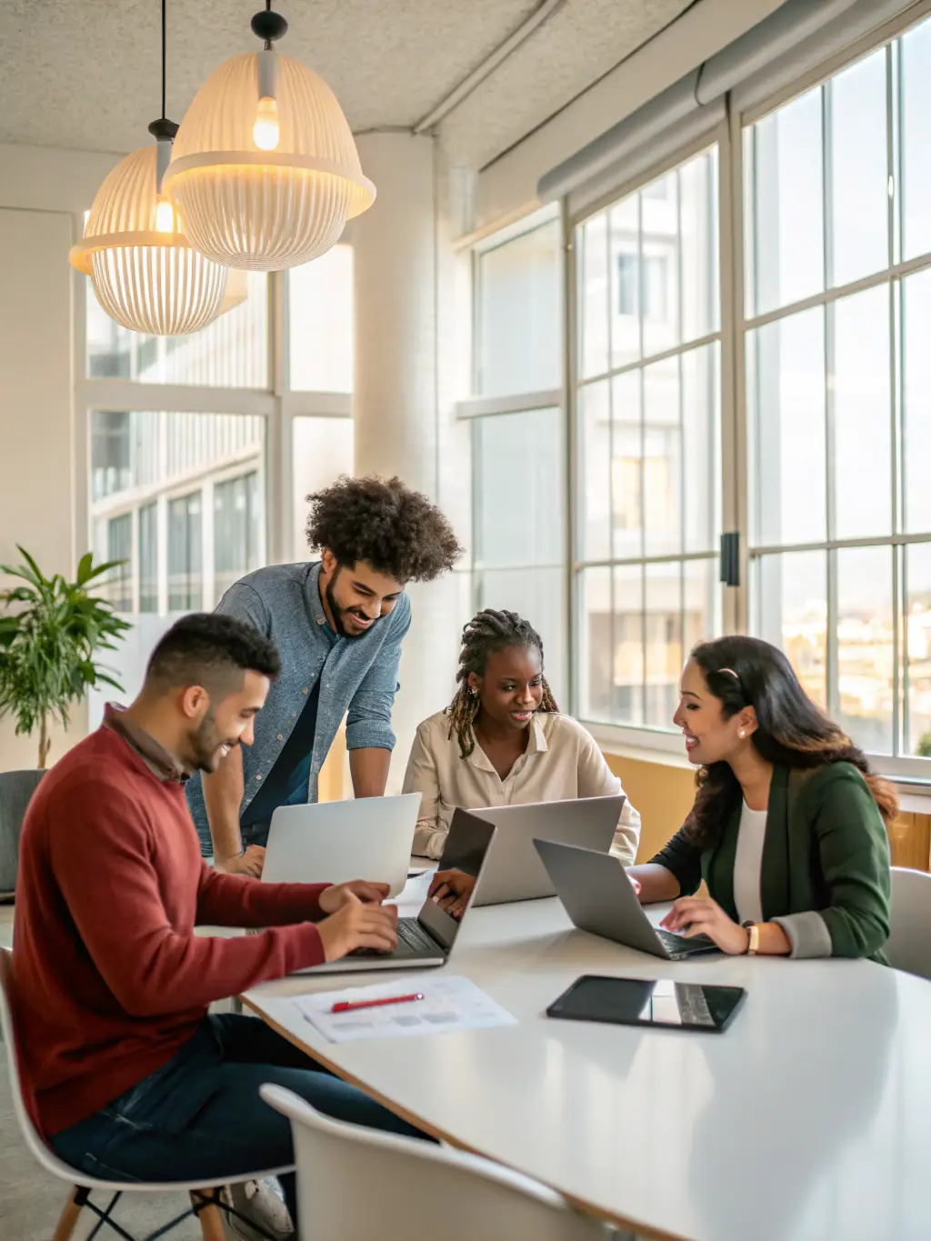 A diverse team of digital marketing experts collaborating on a project in a modern office setting, symbolizing Start Digital's collaborative approach to providing comprehensive digital solutions.